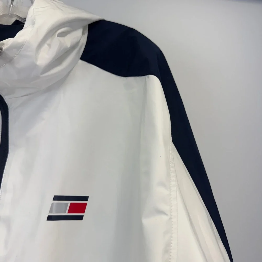 Tommy Hilfiger Sport Mens XL Colorblock Hooded Windbreaker Jacket Red White Blue